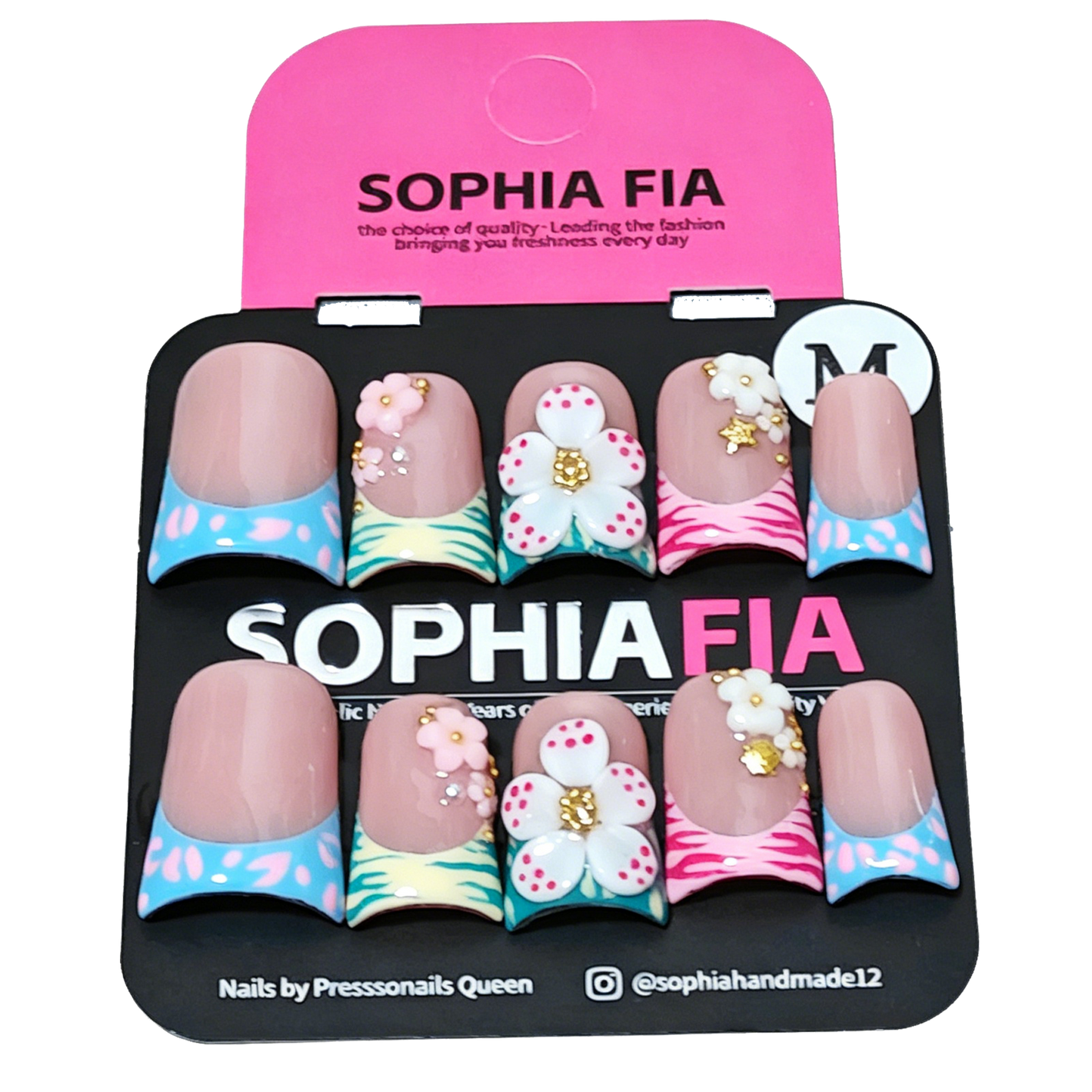 Hand & Foot Press On Nails Set Spring Tropical Short Square - Nude Multi Color French Tip with Zebra Leopard Print, 3D White Pink Flower & Gold Bead Star Accents