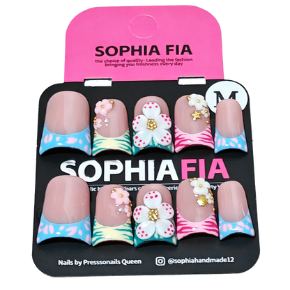 Hand & Foot Press On Nails Set Spring Tropical Short Square - Nude Multi Color French Tip with Zebra Leopard Print, 3D White Pink Flower & Gold Bead Star Accents