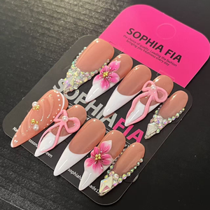 Celebrity Vibe Romantic Press On Nails - Nude Pink French Tip Stiletto with 3D Flower & Bling Rhinestones