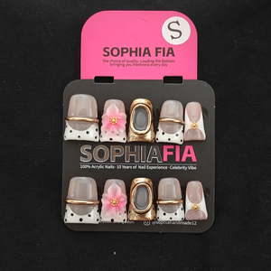 Press On Nails Short Square Minimal French Style - Nude White Polka‑Dot French Tip, 3D Pink Flower, Thin Gold Metal Band & Hollow Gold Oval Frame Decor Acrylic Nail Tips