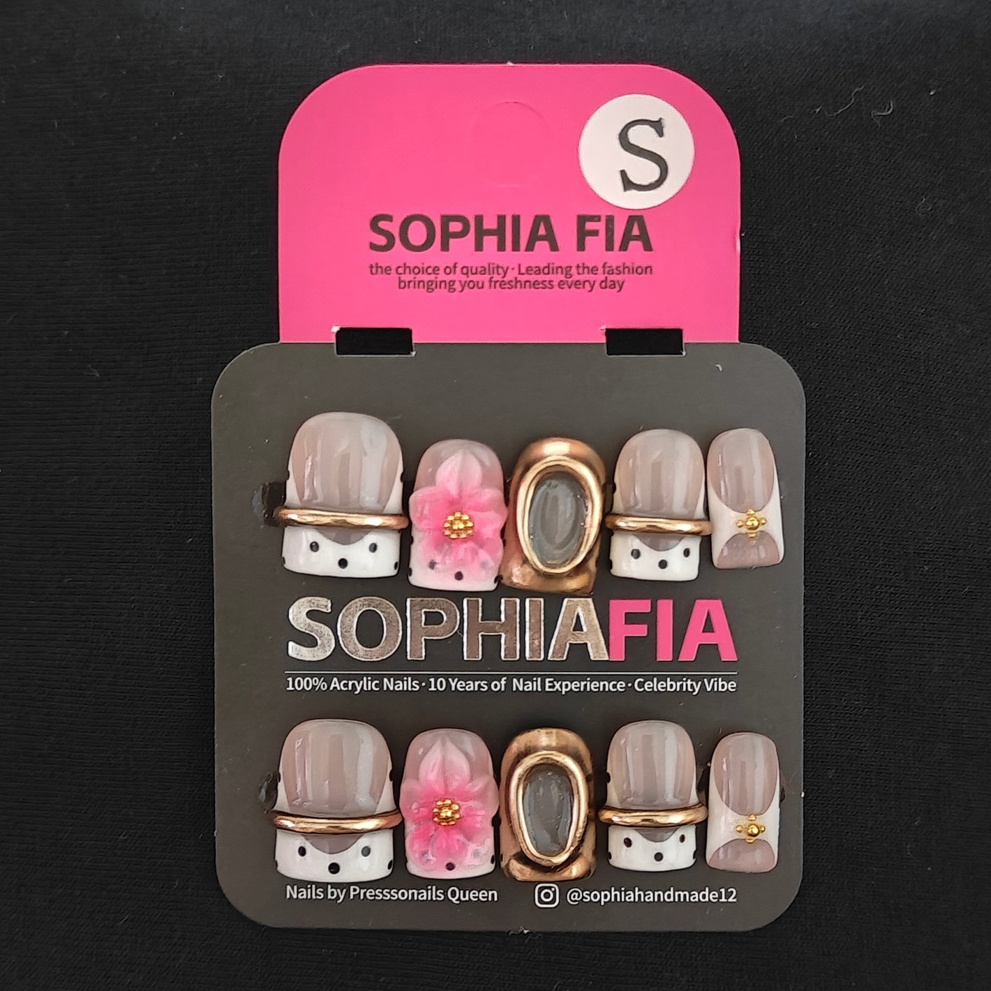 Press On Nails Short Square Korean Minimal Luxury Style - Sheer Nude White Polka‑Dot French Tip, 3D Pink Flower with Gold‑Bead Center, Thin Gold Band and Hollow Oval Gold Frame Acrylic Nail Tips