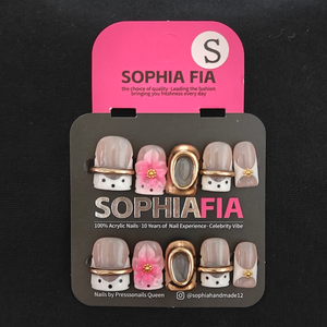 Press On Nails Short Square Korean Minimal Luxury Style - Sheer Nude White Polka‑Dot French Tip, 3D Pink Flower with Gold‑Bead Center, Thin Gold Band and Hollow Oval Gold Frame Acrylic Nail Tips