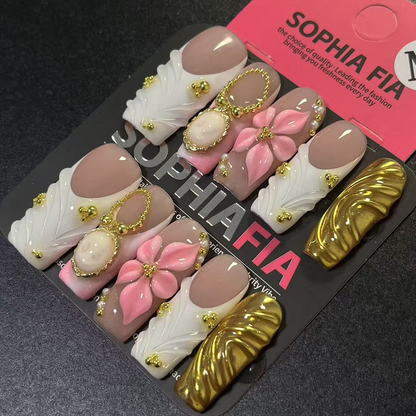 Long Square Acrylic Press On Nails - Nude Pink Base with White Ruffled French, 3D Pink Floral, Vintage Cameo Charm & Gold Details