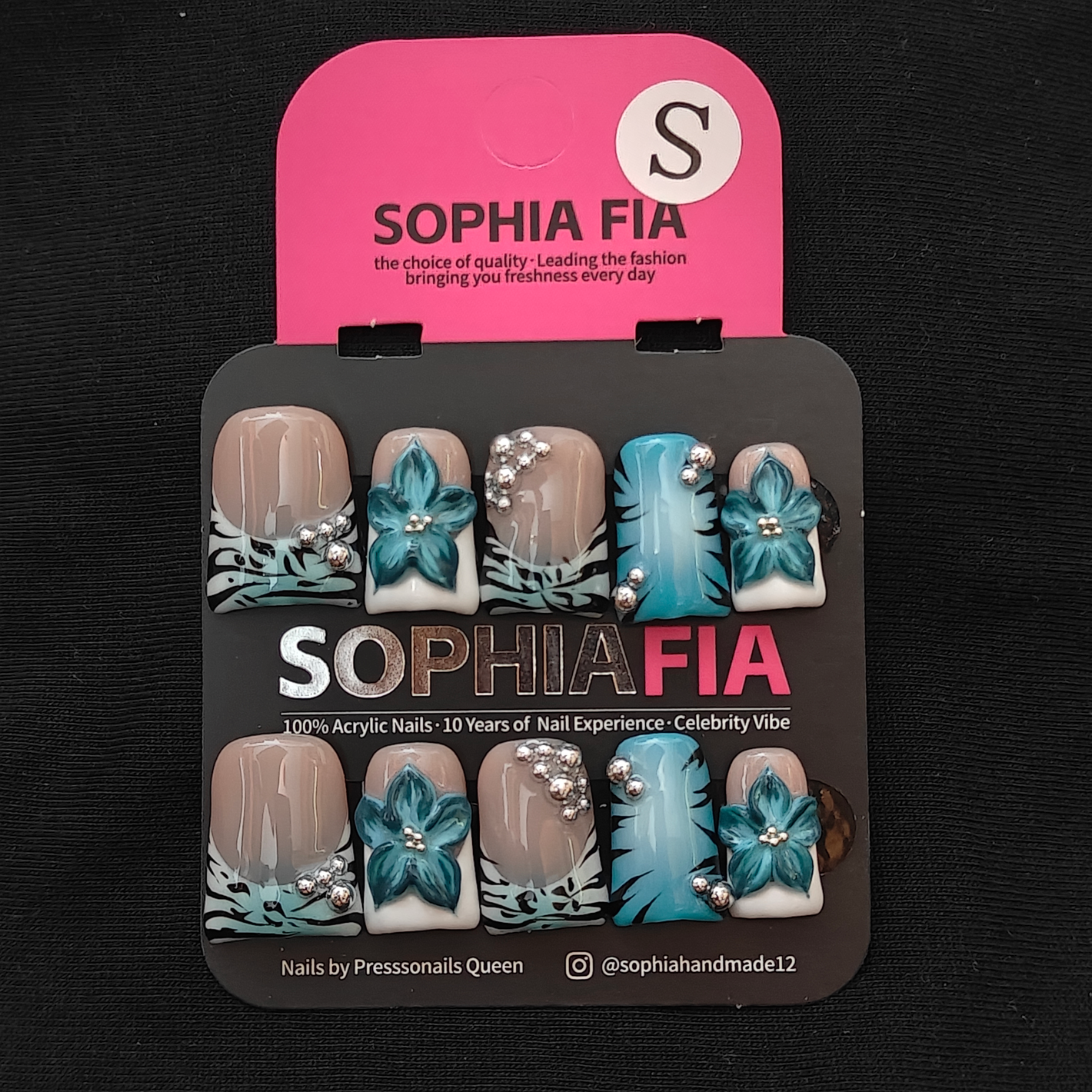 Press On Nails Short Square Tropical Summer Style - Nude Base Teal Palm Leaf French Tip, Hand‑Sculpted 3D Blue Flower & Cluster Silver Rhinestone Accent Acrylic Nail Tips