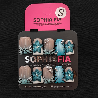 Press On Nails Short Square Tropical Summer Style - Nude Base Teal Palm Leaf French Tip, Hand‑Sculpted 3D Blue Flower & Cluster Silver Rhinestone Accent Acrylic Nail Tips