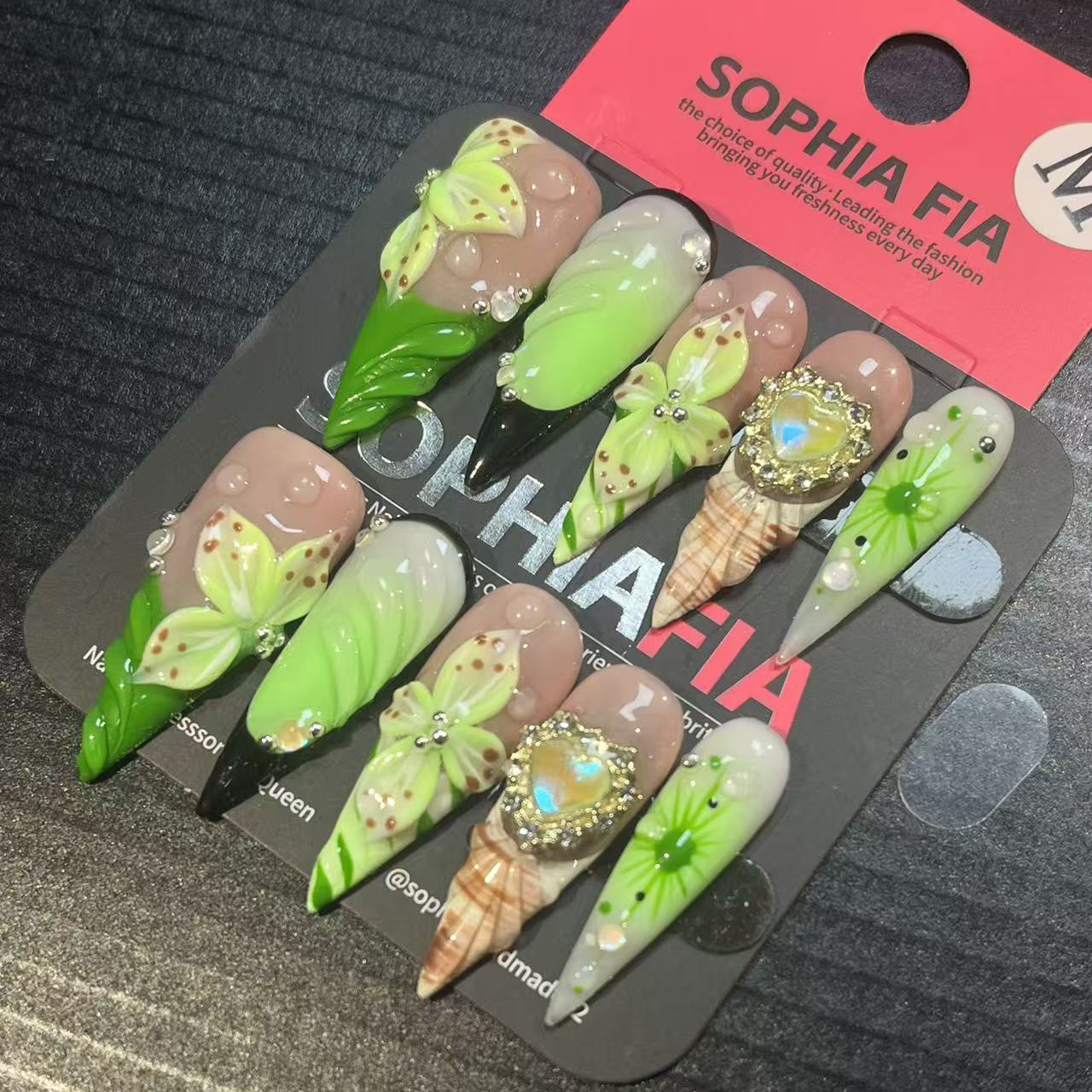 Celebrity Vibe Tropical Press On Nails - Nude Green Ombre Stiletto with Seashell & 3D Flower Details