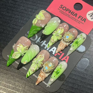Celebrity Vibe Tropical Press On Nails - Nude Green Ombre Stiletto with Seashell & 3D Flower Details