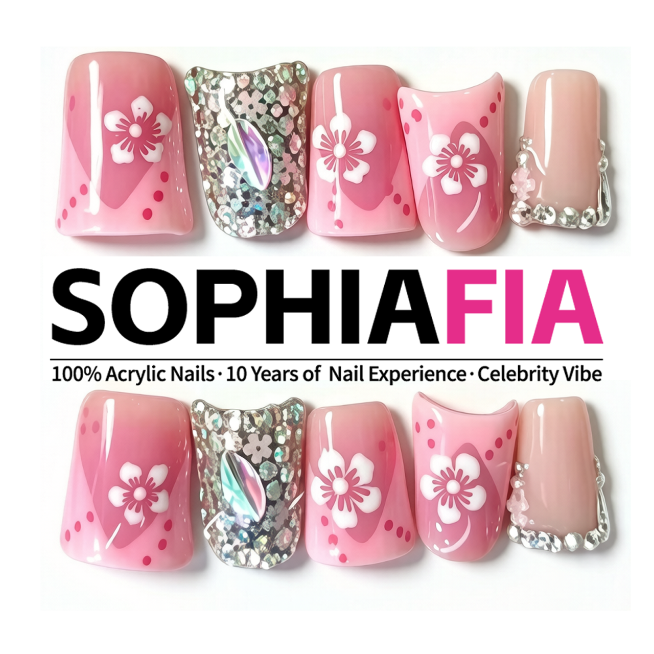 Ombre Pink Rhinestone Cherry Blossom Nails