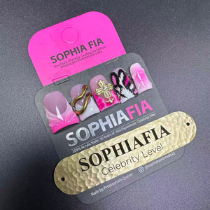 Short Square Acrylic Press On Nails - Pink Ombre with Gothic Cross, Gold Snake, Feather Print & Pink Marble Swirl Details