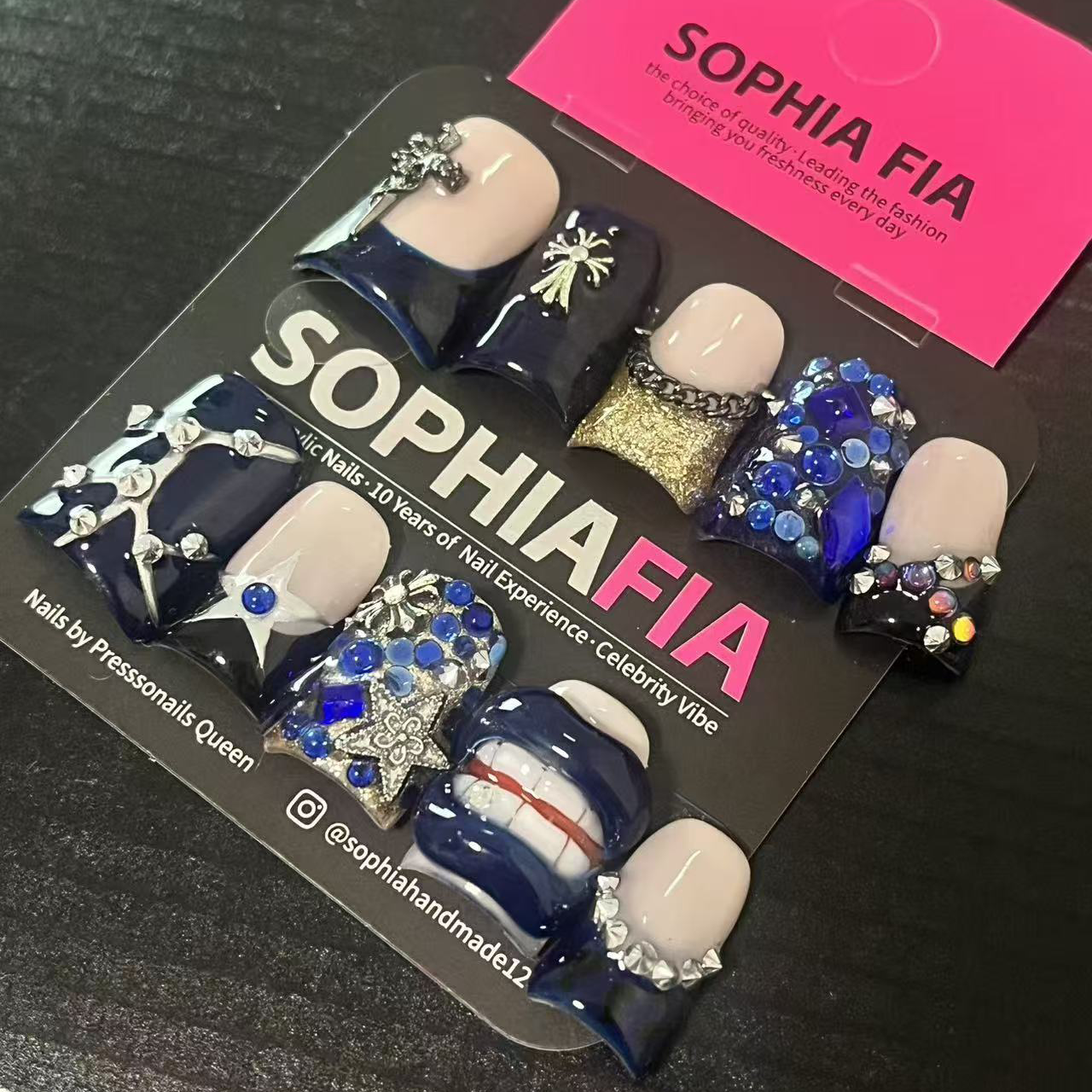 Edgy Streetwear Press On Nails - Chrome Hearts Cross Nails with Blue Rhinestones & Studs