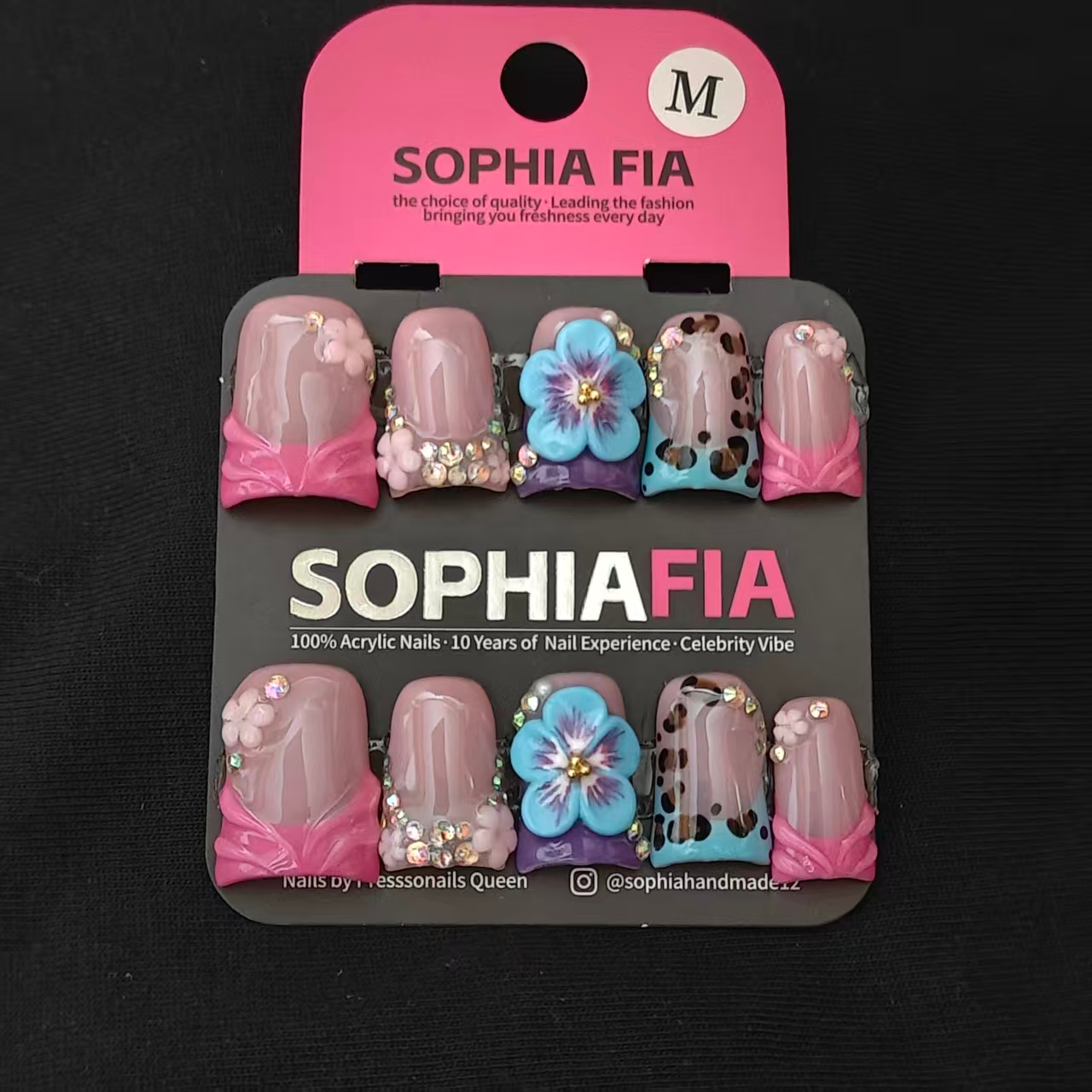 Press On Nails Short Square Kawaii Summer Style - Nude Base Hot Pink Wave French, Blue‑Brown Leopard Print, 3D Blue Flower, Tiny Pink Floral & Mixed AB Iridescent Rhinestone Acrylic Nail Tips