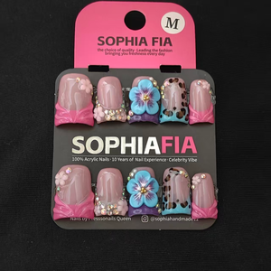 Press On Nails Short Square Kawaii Summer Style - Nude Base Hot Pink Wave French, Blue‑Brown Leopard Print, 3D Blue Flower, Tiny Pink Floral & Mixed AB Iridescent Rhinestone Acrylic Nail Tips