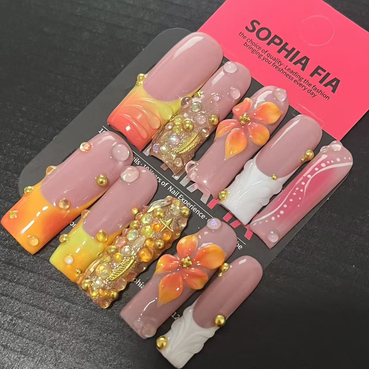 Luxury Summer Press On Nails - Nude Pink Long Square with Sunset Ombre, Bling Rhinestones & 3D Flower for Beach Vacations