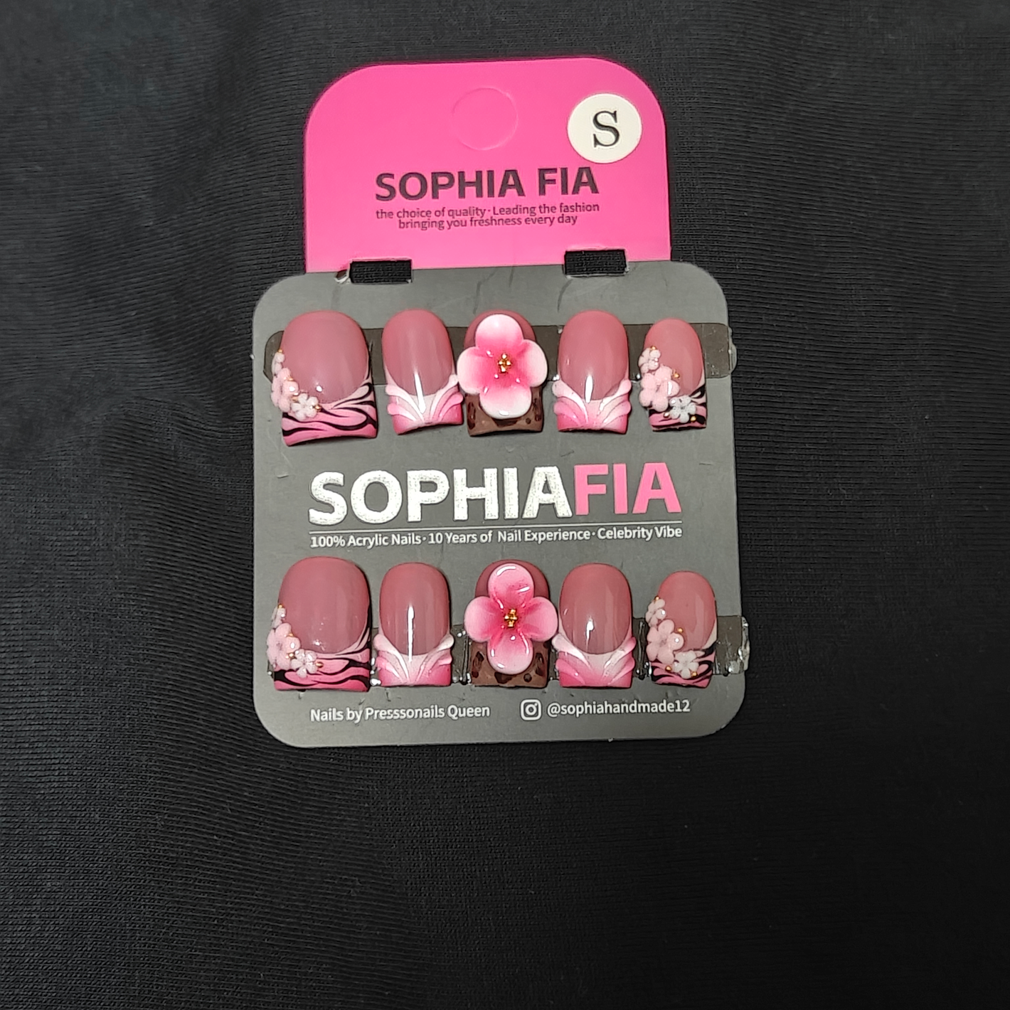 Press On Nails Short Square Cottagecore Spring Style - Dusty Pink Gradient French Tip, Pink‑Black Zebra Print, 3D Pink Cherry Blossom Flower & Tiny Gold Bead Accent Acrylic Nail Tips