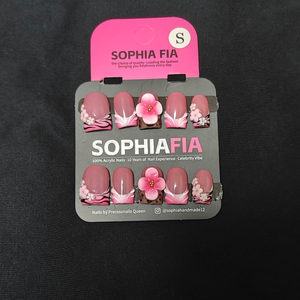 Press On Nails Short Square Cottagecore Spring Style - Dusty Pink Gradient French Tip, Pink‑Black Zebra Print, 3D Pink Cherry Blossom Flower & Tiny Gold Bead Accent Acrylic Nail Tips