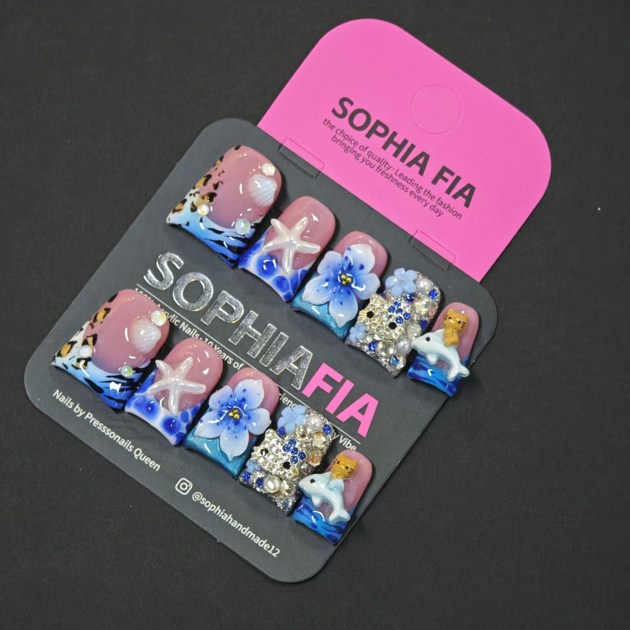 Summer Vacation Press On Nails - Nude Pink Blue Ocean Themed for Beach Getaways & Pool Parties