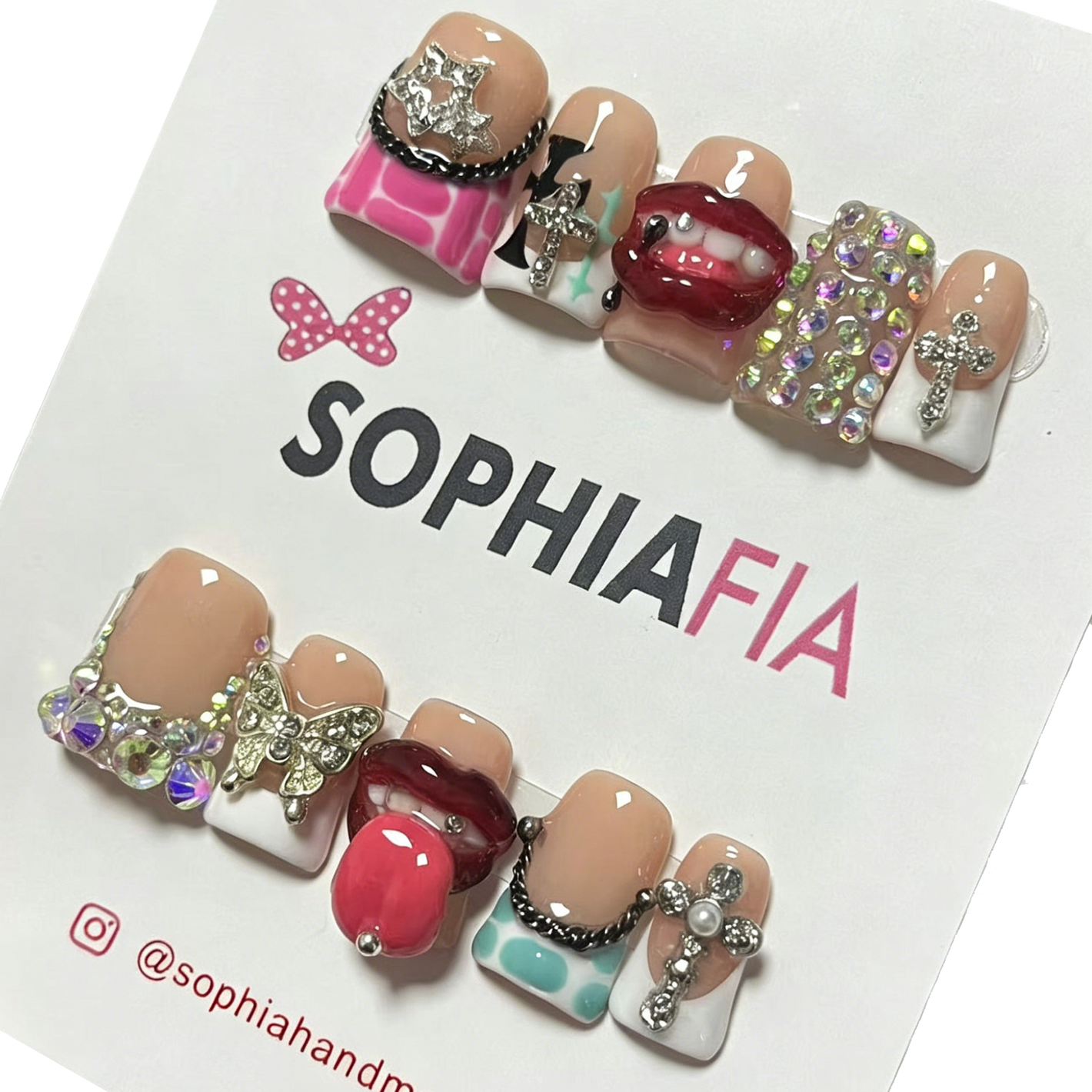 Short Square Acrylic Press On Nails - Nude French with Y2K Mix Design: 3D Lips, Cross Charms, Rhinestones & Butterfly Accents