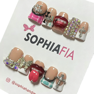 Short Square Acrylic Press On Nails - Nude French with Y2K Mix Design: 3D Lips, Cross Charms, Rhinestones & Butterfly Accents