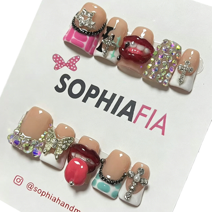 Short Square Acrylic Press On Nails - Nude French with Y2K Mix Design: 3D Lips, Cross Charms, Rhinestones & Butterfly Accents