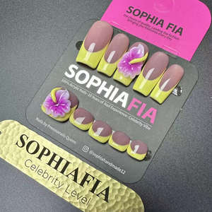 Press On Nails Hand & Foot Set - Nude Pink with Yellow French Tip & 3D Hibiscus Flower (Long Square & Short Toe Nails)