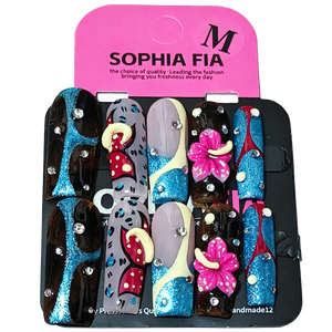 Hand & Foot Press On Nails Set Y2K Tropical Long Coffin - Tortoise Base, Blue Glitter Strip, Red Polka Dot Graffiti, 3D Hot Pink Flower & Scattered Clear Rhinestone Acrylic Nails