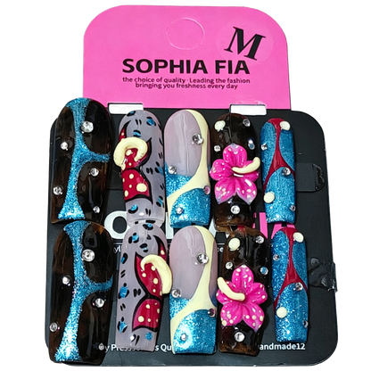 Hand & Foot Press On Nails Set Y2K Tropical Long Coffin - Tortoise Base, Blue Glitter Strip, Red Polka Dot Graffiti, 3D Hot Pink Flower & Scattered Clear Rhinestone Acrylic Nails