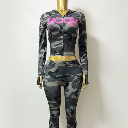 Streetwear Camo Pink Long Sleeve Two-Piece Outfit