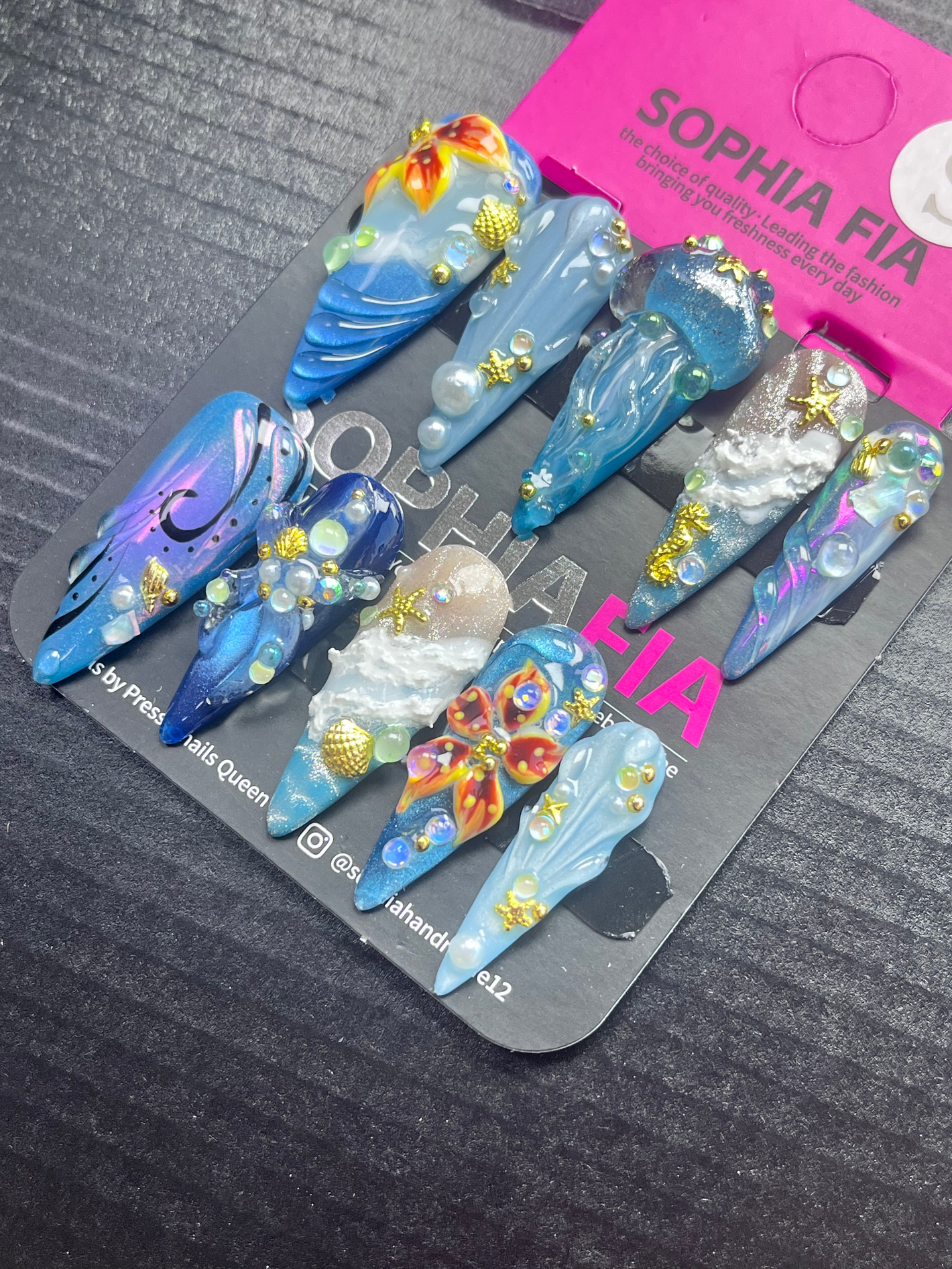 Mermaidcore Ocean Press On Nails Extra Long Pointed Nails Shimmery Blue Ombre 3D Sea Wave Texture Starfish Shell Pearl Decor Reusable Luxury Acrylic Nails