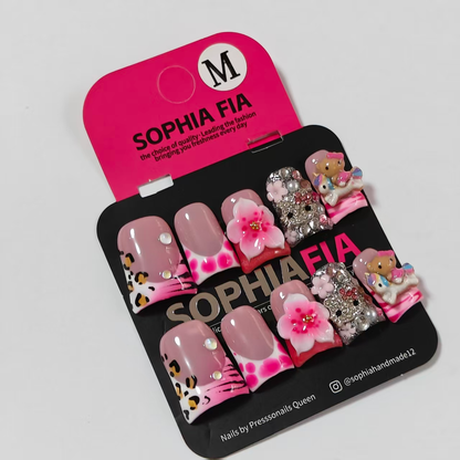 Kawaii 3D Bear Unicorn Press On Nails, Pink Leopard Print 3D Flower Handmade Medium Square False Nails, Cute Nail Art