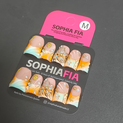 Coastal Aesthetic Press On Nails Medium Square Nude Orange Cyan Ombre Gradient Hand Drawn Flowers Gold Line Pearl Crystal Decor Reusable Acrylic Nails