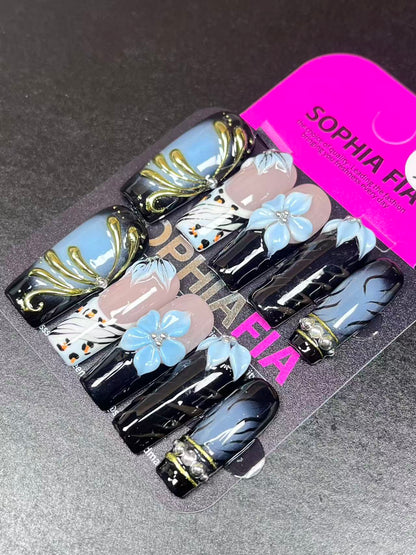 Dark Glam Butterfly Press On Nails, Nude Base Black Blue Gradient, 3D Baby Blue Floral, Leopard Butterfly Art & Gold Swirl False Nails, Handmade Custom Nails