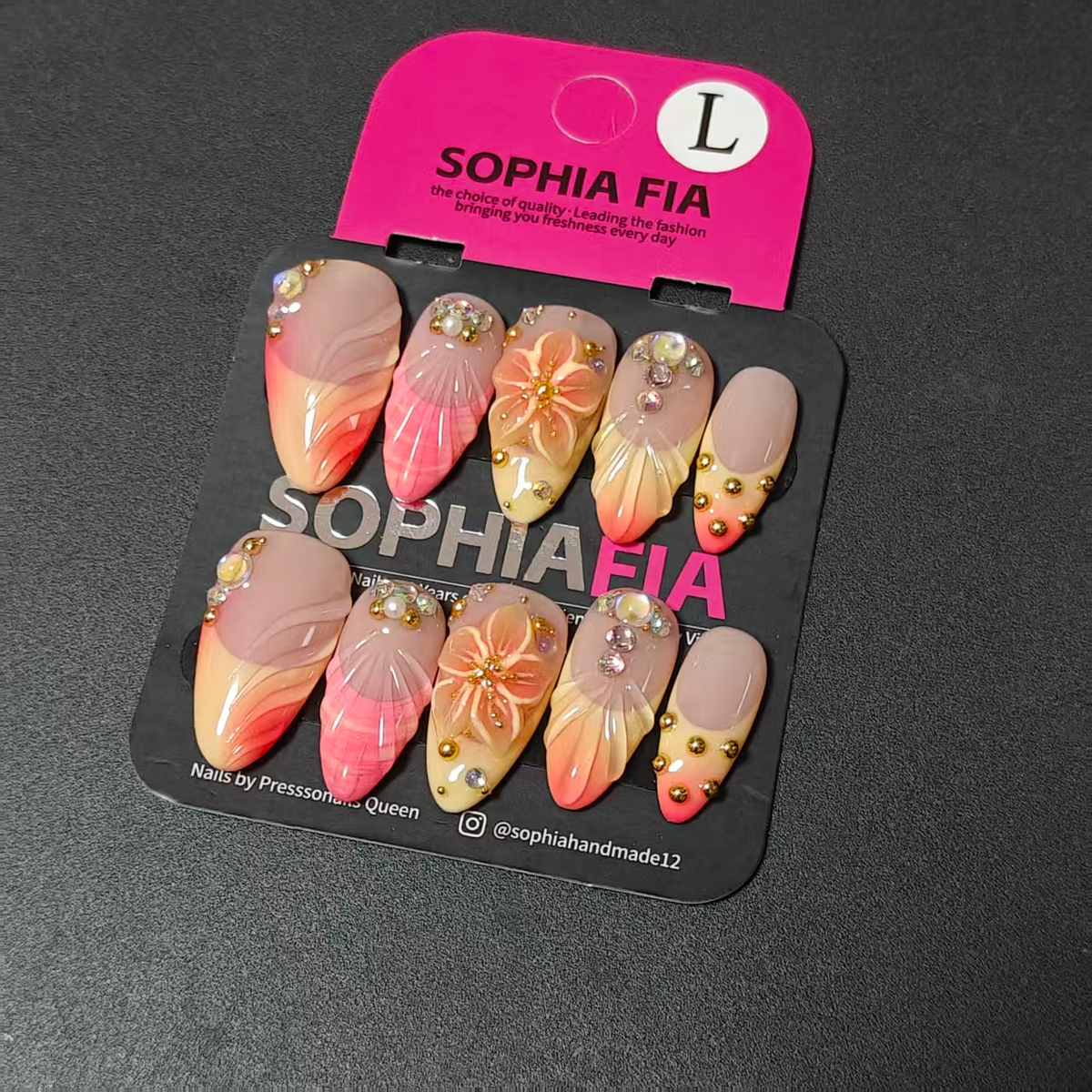 Almond Press On Nails Nude Pink‑Orange Gradient Mermaid Shell Manicure, 3D Sculpted Flower & Shell Texture, AB Rhinestone Gold Bead Pearl Ornaments Summer Handmade Luxury False Nails