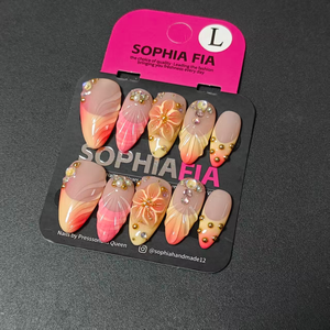 Almond Press On Nails Nude Pink‑Orange Gradient Mermaid Shell Manicure, 3D Sculpted Flower & Shell Texture, AB Rhinestone Gold Bead Pearl Ornaments Summer Handmade Luxury False Nails