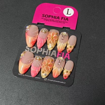 Almond Press On Nails Nude Pink‑Orange Gradient Mermaid Shell Manicure, 3D Sculpted Flower & Shell Texture, AB Rhinestone Gold Bead Pearl Ornaments Summer Handmade Luxury False Nails