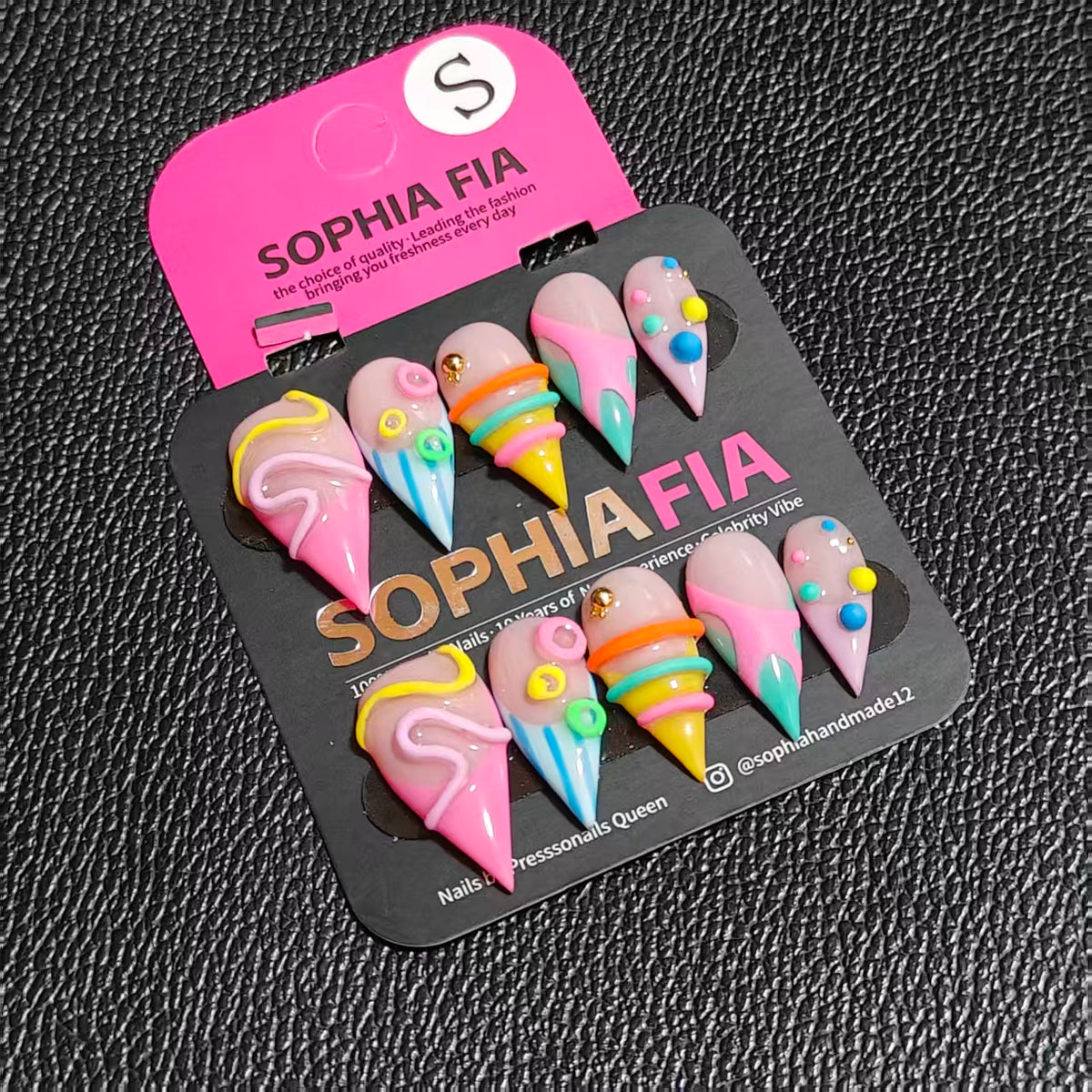 Stiletto Press On Nails Nude Base Cute 3D Ice Cream Cone Design, Colorful Candy Swirl, Striped & Round Bead Decor, Sweet Kawaii Summer Handmade False Nails