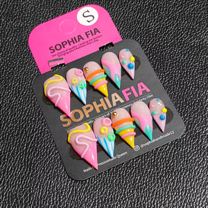 Stiletto Press On Nails Nude Base Cute 3D Ice Cream Cone Design, Colorful Candy Swirl, Striped & Round Bead Decor, Sweet Kawaii Summer Handmade False Nails