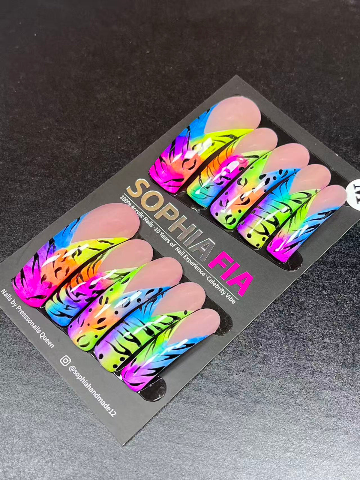 Neon Rainbow Press On Nails, Nude Base Bright Multicolor Gradient Tips, Hand Painted Black Tiger Print False Nails, Handmade Custom Nails