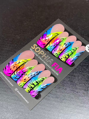 Neon Rainbow Press On Nails, Nude Base Bright Multicolor Gradient Tips, Hand Painted Black Tiger Print False Nails, Handmade Custom Nails
