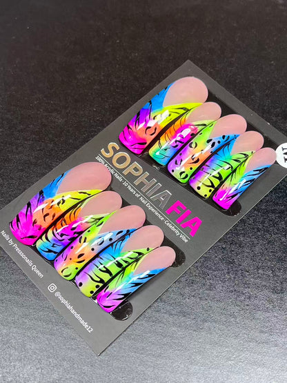 Neon Rainbow Press On Nails, Nude Base Bright Multicolor Gradient Tips, Hand Painted Black Tiger Print False Nails, Handmade Custom Nails