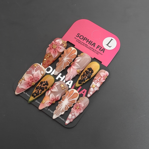 Vintage Oriental Floral Press On Nails Long Pointed Stiletto Shape Milk Pink Gradient 3D Plum Blossom Decor Gold Studs Pearl Accents Reusable Acrylic Nails
