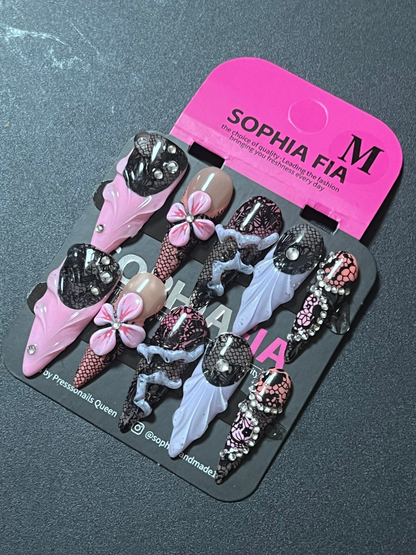 Press On Nails Extra Long Stiletto Coquette Gothic Sweet Grunge Style - Pink Nude Base Black Lace Mesh Print, 3D Sculpted Petal Flower, Embossed Wing Relief, Rhinestones & Pearl Chain Trim Acrylic Nail Tips