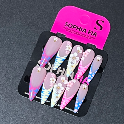 Stiletto Press On Nails Matte Nude Base Multicolor Tie‑Dye V‑Tip French, 3D Sculpted White & Pink Mini Flowers Gold Bead Accents Y2K Dopamine Summer Handmade False Nails
