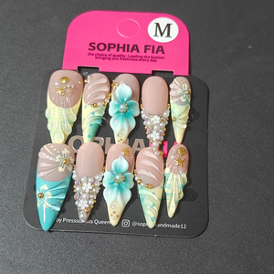Stiletto Press On Nails Nude Base Mint Teal Multicolor Shell French Tip, 3D Gradient Blue‑Green Flower, Pearl Rhinestone Pave, Gold Starfish Seashell Charms Mermaid Ocean Summer Handmade False Nails