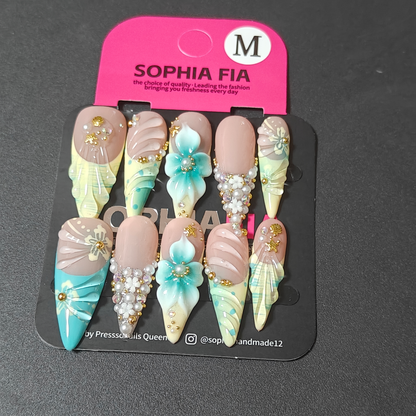 Stiletto Press On Nails Nude Base Mint Teal Multicolor Shell French Tip, 3D Gradient Blue‑Green Flower, Pearl Rhinestone Pave, Gold Starfish Seashell Charms Mermaid Ocean Summer Handmade False Nails
