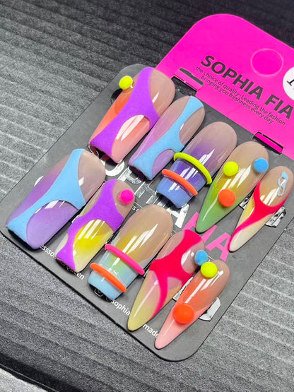 Y2K Color Block 3D Ball Press On Nails, Neon Abstract Line Handmade Long Stiletto False Nails, Trendy Nail Art