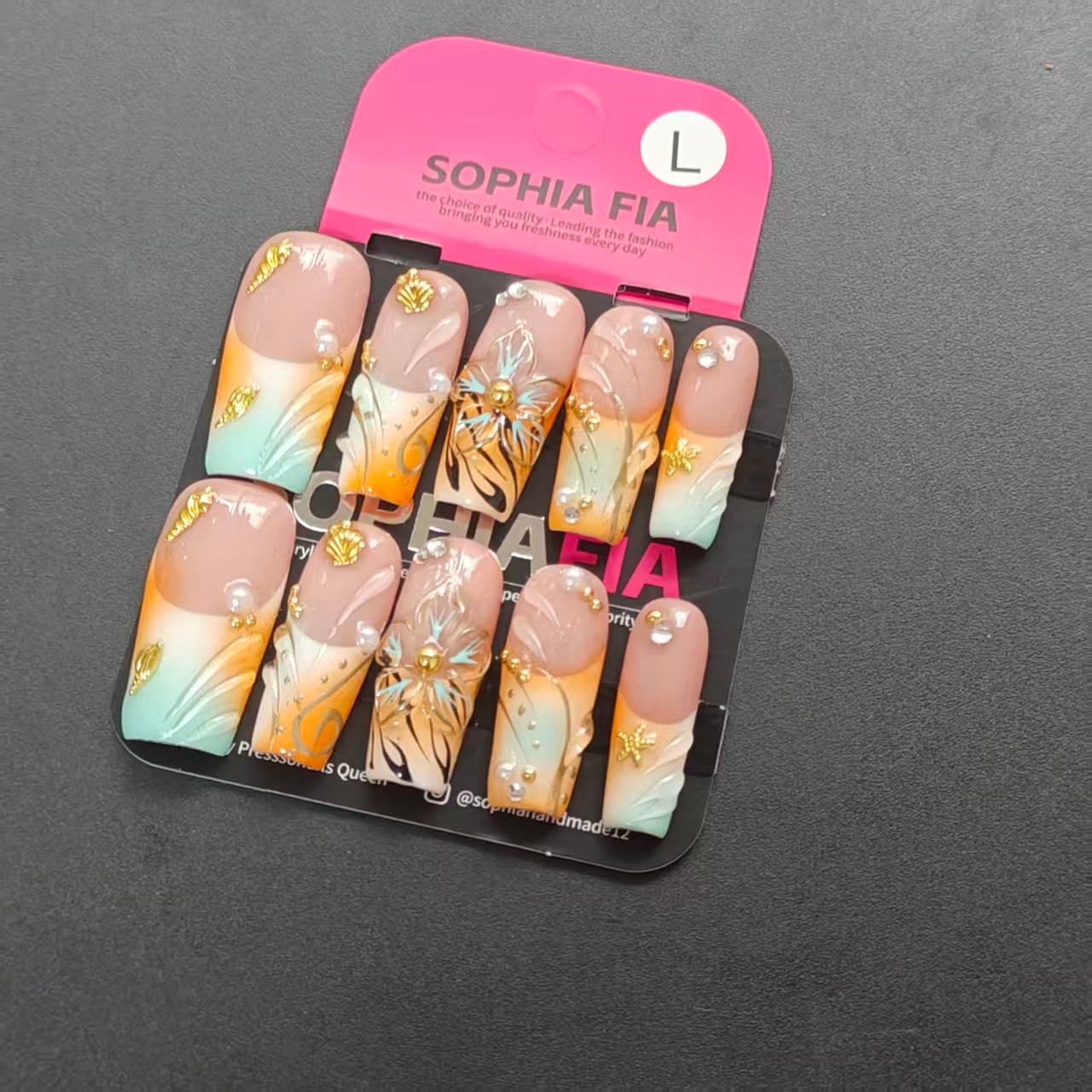 Summer Coastal Gradient Press On Nails Long Square Shape Nude Orange To Mint Blue Ombre Abstract Line Painting Gold Shell Starfish Jewelry Pearl Accents Reusable Acrylic Nail Tips