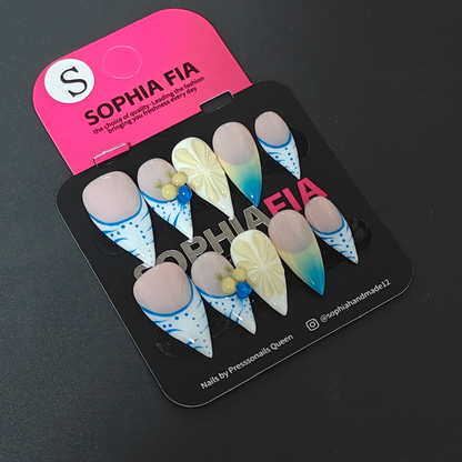 Fresh Summer Fruit Stiletto Press On Nails Milky Nude Background Blue‑White Polka Dot French 3D Lemon Slice Berry Charms Teal‑Blue Ombre French Reusable Acrylic Nail Tips