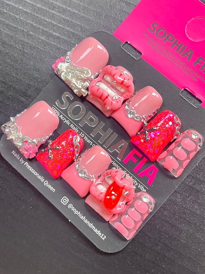 Short Square Press On Nails Pink Base Multi‑Design, 3D Sculpted Lips Mouth with Teeth Tongue Spike, Silver Safety Pin Star Rivet X‑Metal Chain Charms, Rhinestone Pave French, Hot Pink Glitter, Clear Pink Polka Dot Y2K Punk Handmade False Nails