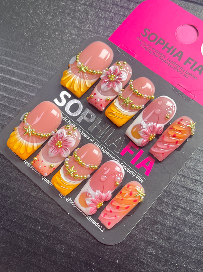 Long Square Press On Nails Peach‑Pink Nude Base Sunset Orange Gradient Tip, 3D Pink Floral Relief, Gold Starfish Metal Chain Pearl Beads Petal‑Shell Texture Summer Handmade False Nails
