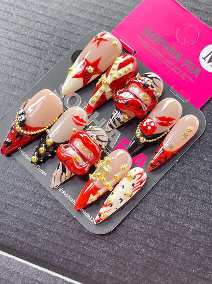 Y2K Punk Long Stiletto Press On Nails Nude Background 3D Red Lips Teeth Spikes Leopard Red Star Red Leopard French Red X Cross Gold Bead Stud Chain Black Gold Stud Reusable Acrylic Nail Tips